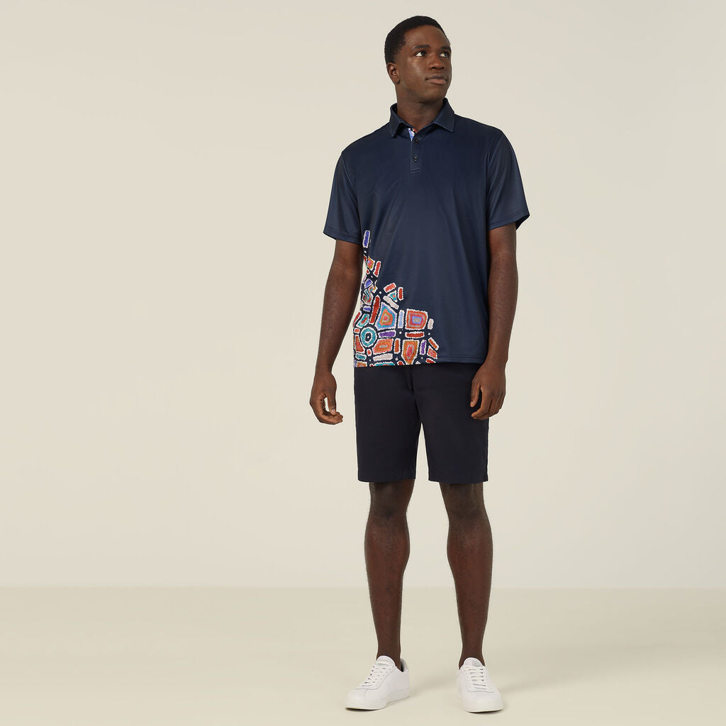 MEN'S POLYESTER KNIT WATER DREAMING INDIGENOUS PRINT POLO