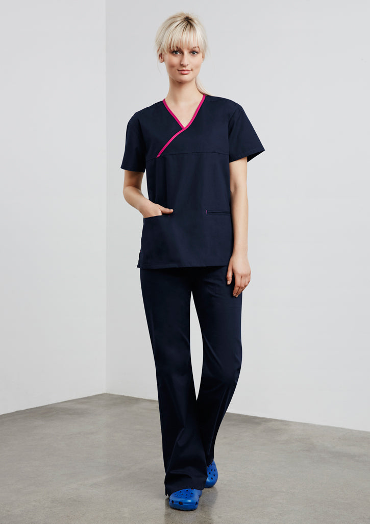 H10722-Ladies Contrast Crossover Scrubs Top