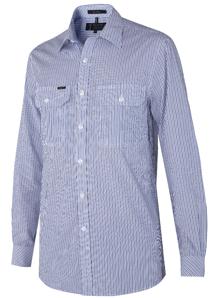 RMPC058-Men's Front Flap Dual Pocket, Classic Fit, Long Sleeve Denim Shirt