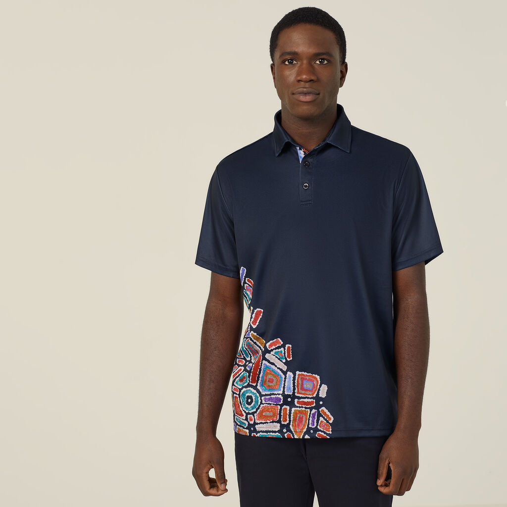 MEN'S POLYESTER KNIT WATER DREAMING INDIGENOUS PRINT POLO