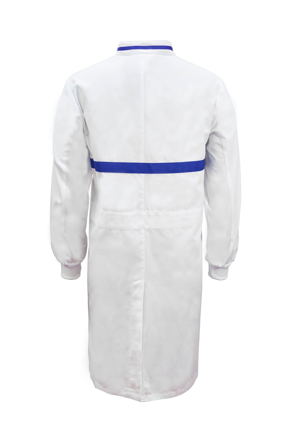 WJ3197-FOOD INDUSTRY LONG LENGTH DUSTCOAT WITH MANDARIN COLLAR, CONTRAST TRIMS ON COLLAR AND CHEST, LONG SLEEVE WITH CUFF