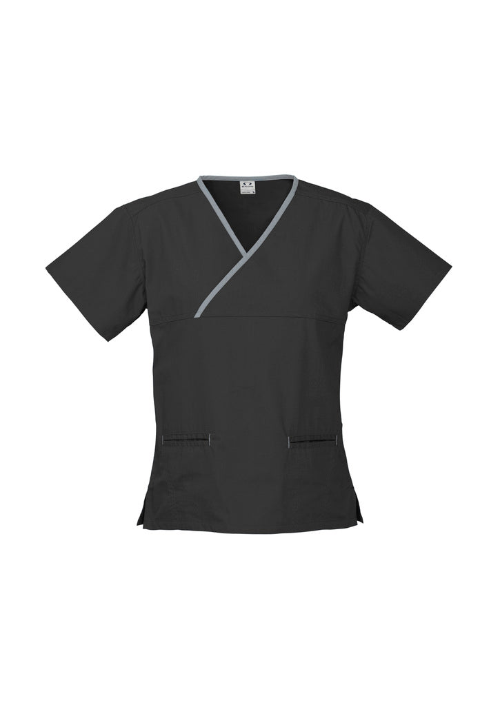 H10722-Ladies Contrast Crossover Scrubs Top