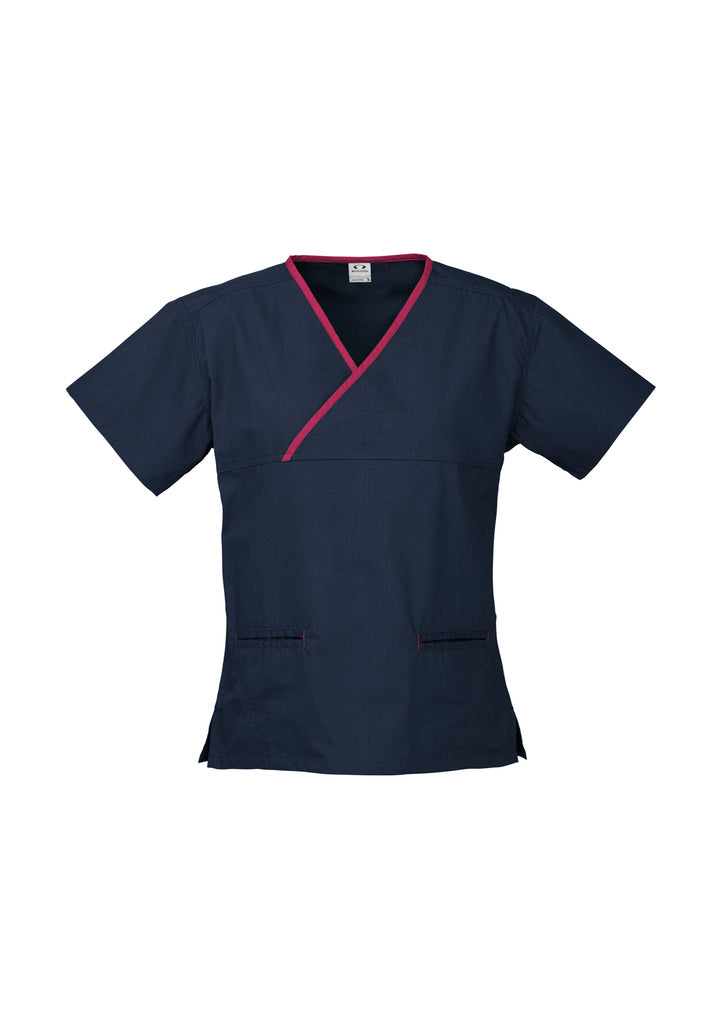 H10722-Ladies Contrast Crossover Scrubs Top