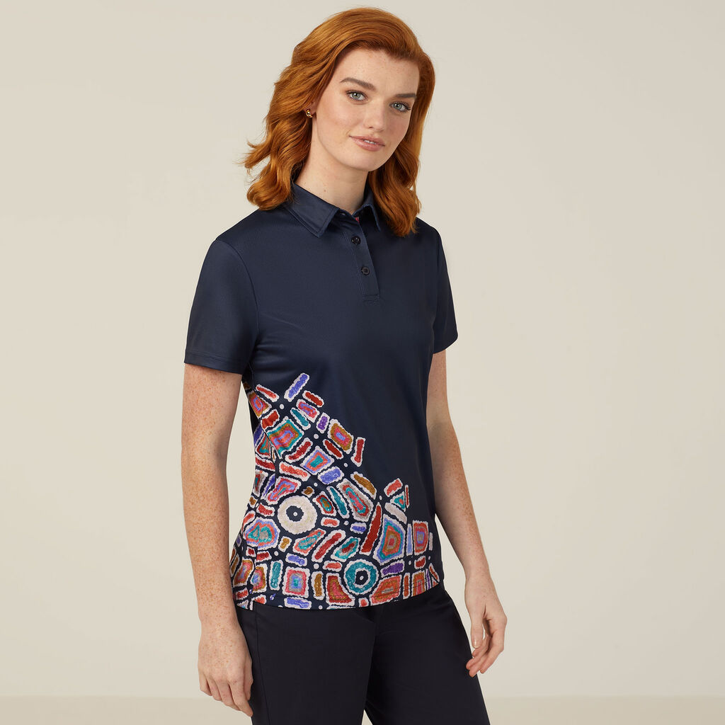 WOMEN'S POLYESTER KNIT WATER DREAMING INDIGENOUS PRINT POLO