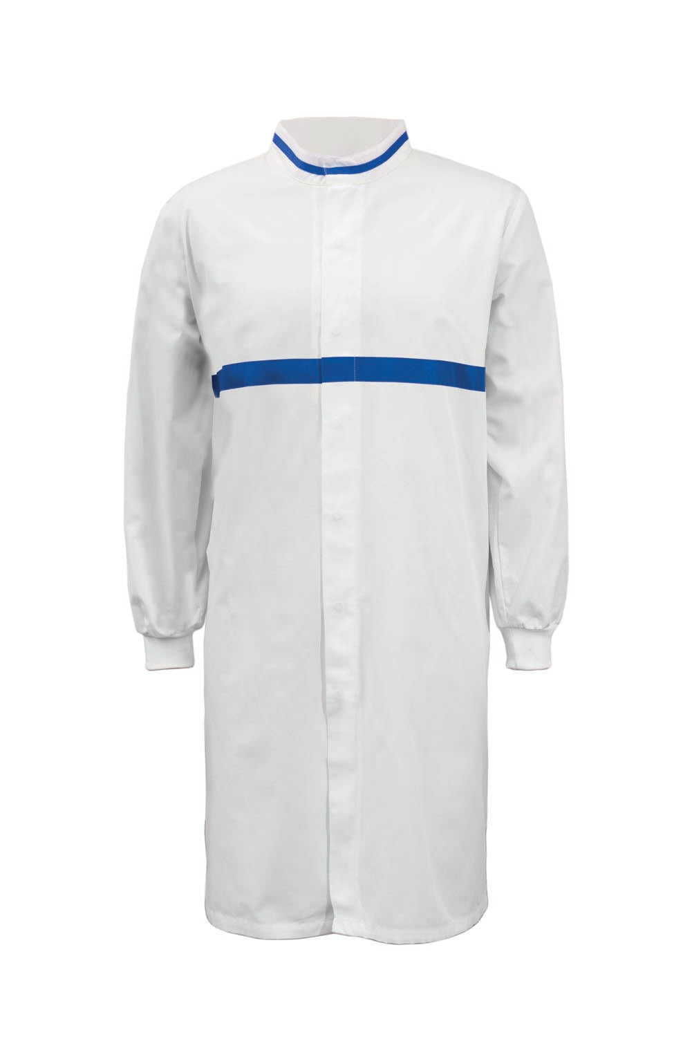 WJ3197-FOOD INDUSTRY LONG LENGTH DUSTCOAT WITH MANDARIN COLLAR, CONTRAST TRIMS ON COLLAR AND CHEST, LONG SLEEVE  WITH CUFF
