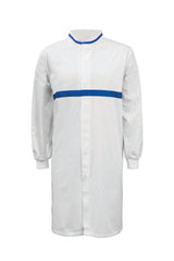 WJ3197-FOOD INDUSTRY LONG LENGTH DUSTCOAT WITH MANDARIN COLLAR, CONTRAST TRIMS ON COLLAR AND CHEST, LONG SLEEVE  WITH CUFF