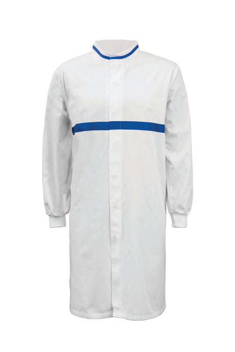 WJ3197-Food Industry Long Length Dustcoat With Mandarin Collar, Contrast Trims On Collar And Chest