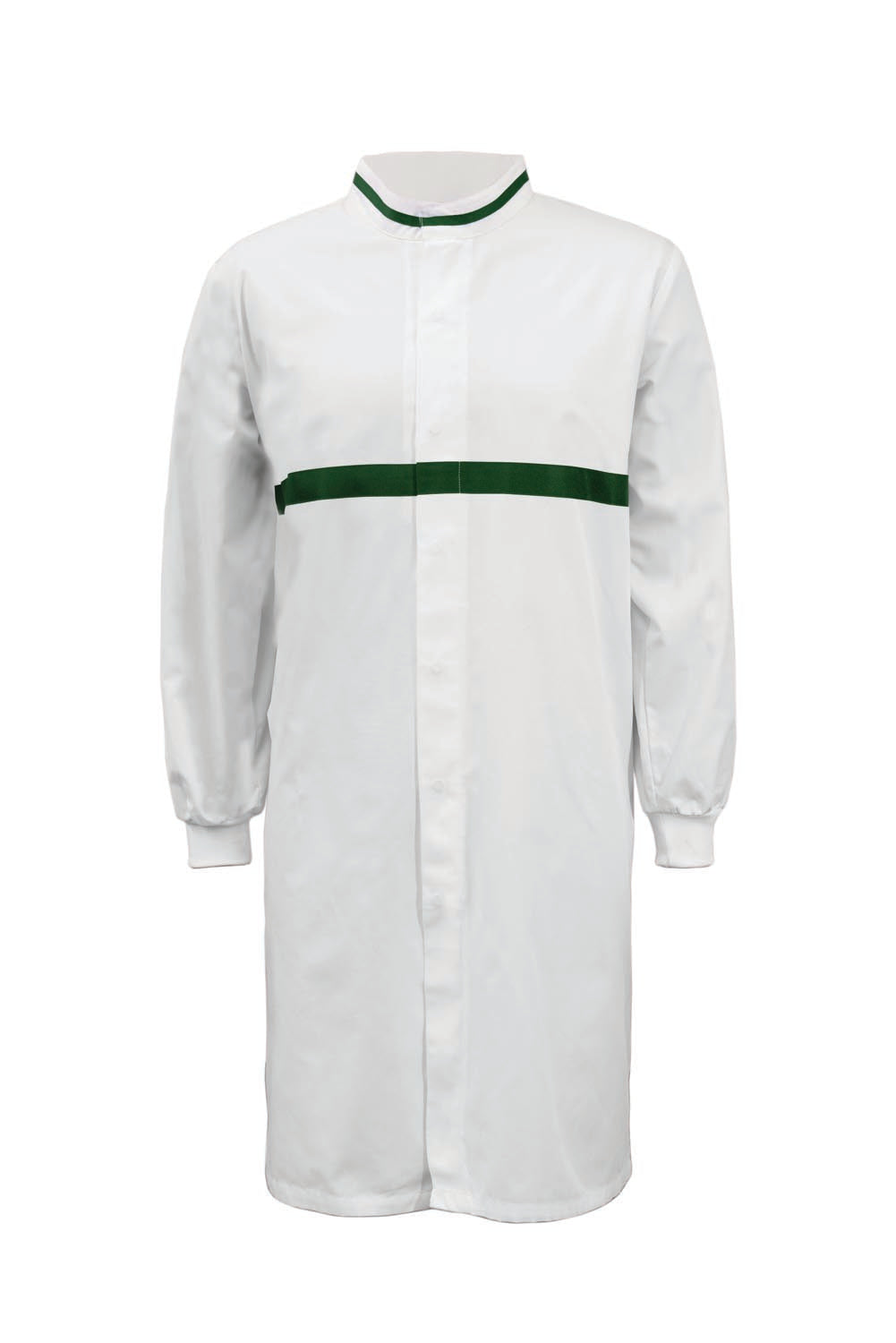 WJ3197-FOOD INDUSTRY LONG LENGTH DUSTCOAT WITH MANDARIN COLLAR, CONTRAST TRIMS ON COLLAR AND CHEST, LONG SLEEVE  WITH CUFF