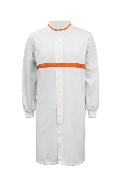 WJ3197-Food Industry Long Length Dustcoat With Mandarin Collar, Contrast Trims On Collar And Chest