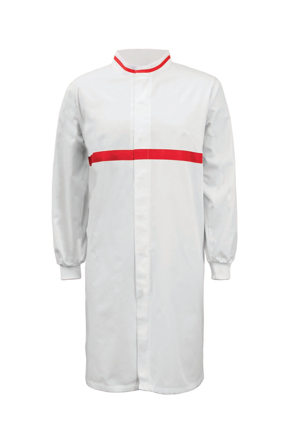WJ3197-FOOD INDUSTRY LONG LENGTH DUSTCOAT WITH MANDARIN COLLAR, CONTRAST TRIMS ON COLLAR AND CHEST, LONG SLEEVE  WITH CUFF
