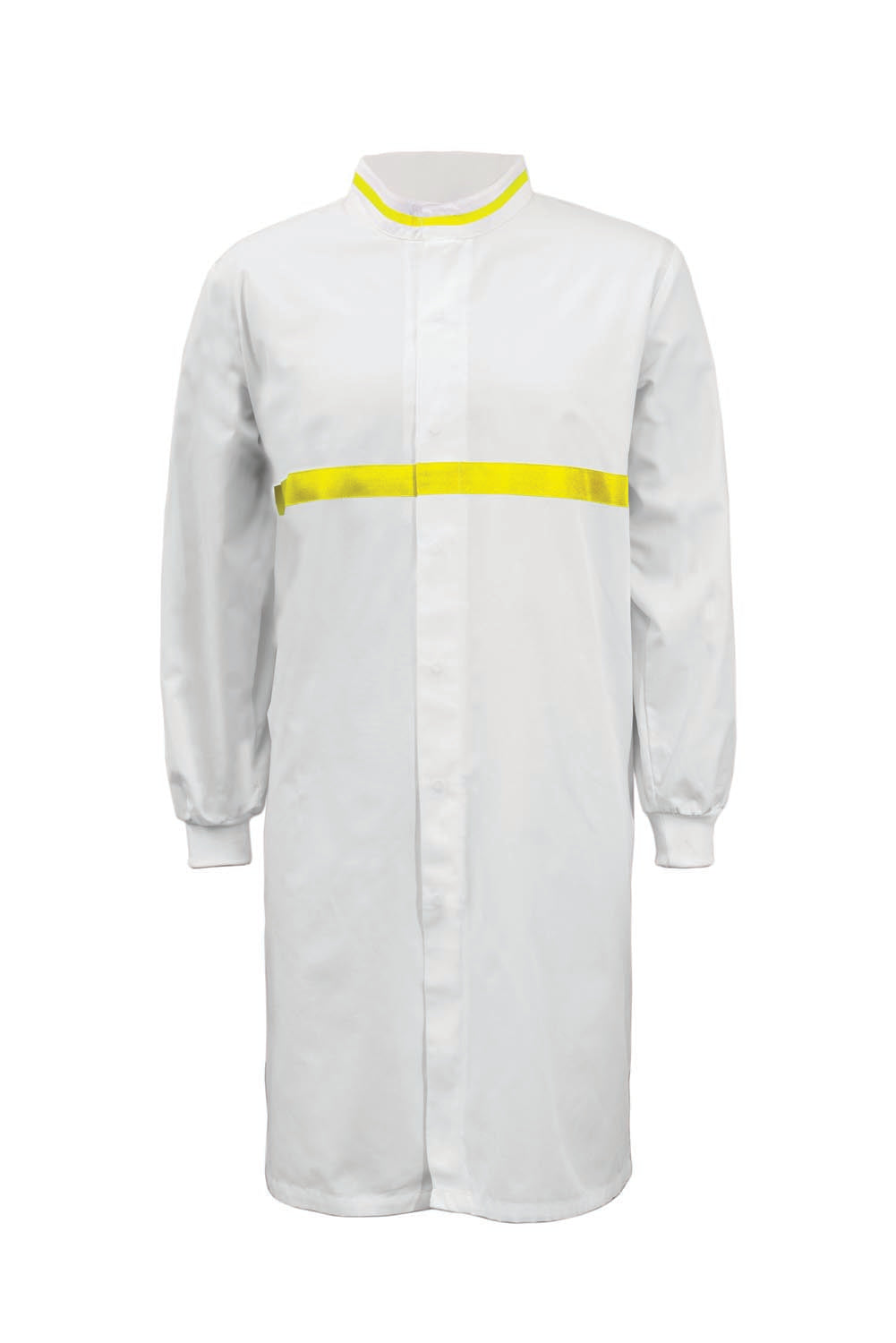 WJ3197-FOOD INDUSTRY LONG LENGTH DUSTCOAT WITH MANDARIN COLLAR, CONTRAST TRIMS ON COLLAR AND CHEST, LONG SLEEVE  WITH CUFF