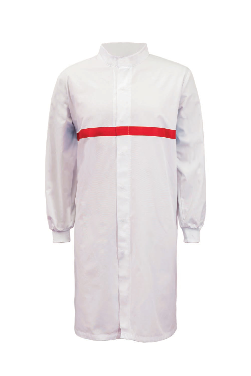 WJ3198-Food Industry Long Length Dustcoat With Mandarin Collar, Contrast Trims On Chest