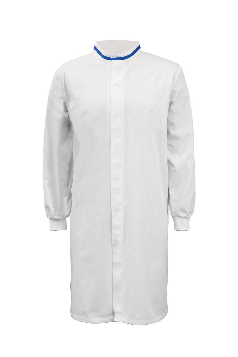 WJ3199-Food Industry Long Length Dustcoat With Mandarin Collar, Contrast Trims On Collar And Chest