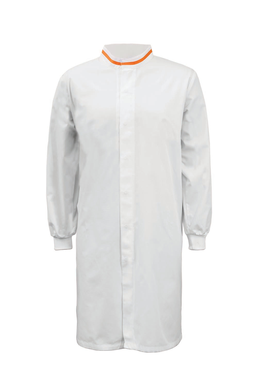 WJ3199-Food Industry Long Length Dustcoat With Mandarin Collar, Contrast Trims On Collar And Chest