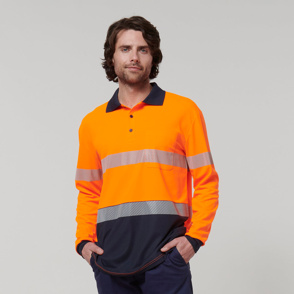 Y19619-Hard Yakka Mens Long Sleeve Hi Vis Taped Polo