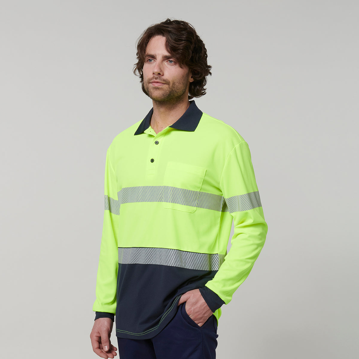 Y19619-Hard Yakka Mens Long Sleeve Hi Vis Taped Polo