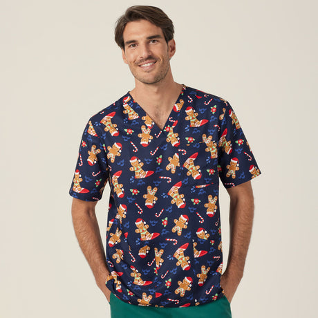 CATRST-Xmas Gingerbread Surfer Print Scrub Top