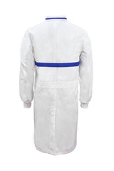 WJ3197-FOOD INDUSTRY LONG LENGTH DUSTCOAT WITH MANDARIN COLLAR, CONTRAST TRIMS ON COLLAR AND CHEST, LONG SLEEVE  WITH CUFF