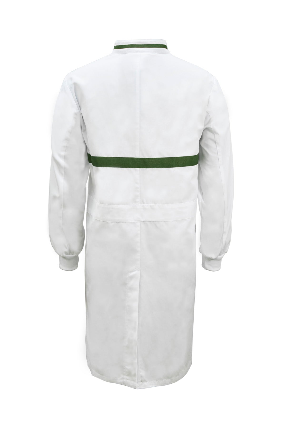 WJ3197-FOOD INDUSTRY LONG LENGTH DUSTCOAT WITH MANDARIN COLLAR, CONTRAST TRIMS ON COLLAR AND CHEST, LONG SLEEVE  WITH CUFF