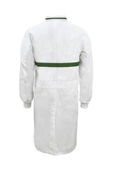 WJ3197-FOOD INDUSTRY LONG LENGTH DUSTCOAT WITH MANDARIN COLLAR, CONTRAST TRIMS ON COLLAR AND CHEST, LONG SLEEVE  WITH CUFF