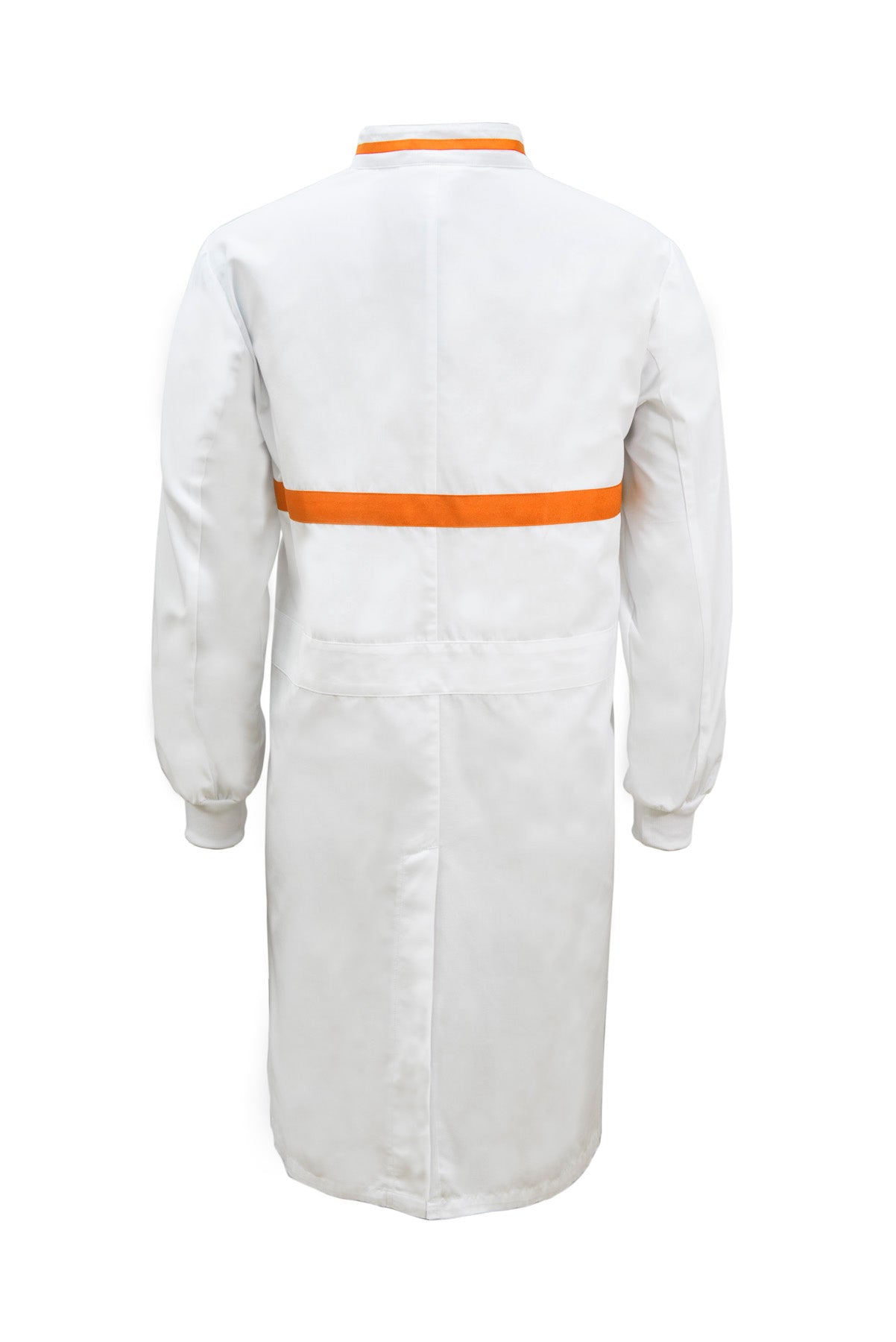 WJ3197-FOOD INDUSTRY LONG LENGTH DUSTCOAT WITH MANDARIN COLLAR, CONTRAST TRIMS ON COLLAR AND CHEST, LONG SLEEVE  WITH CUFF