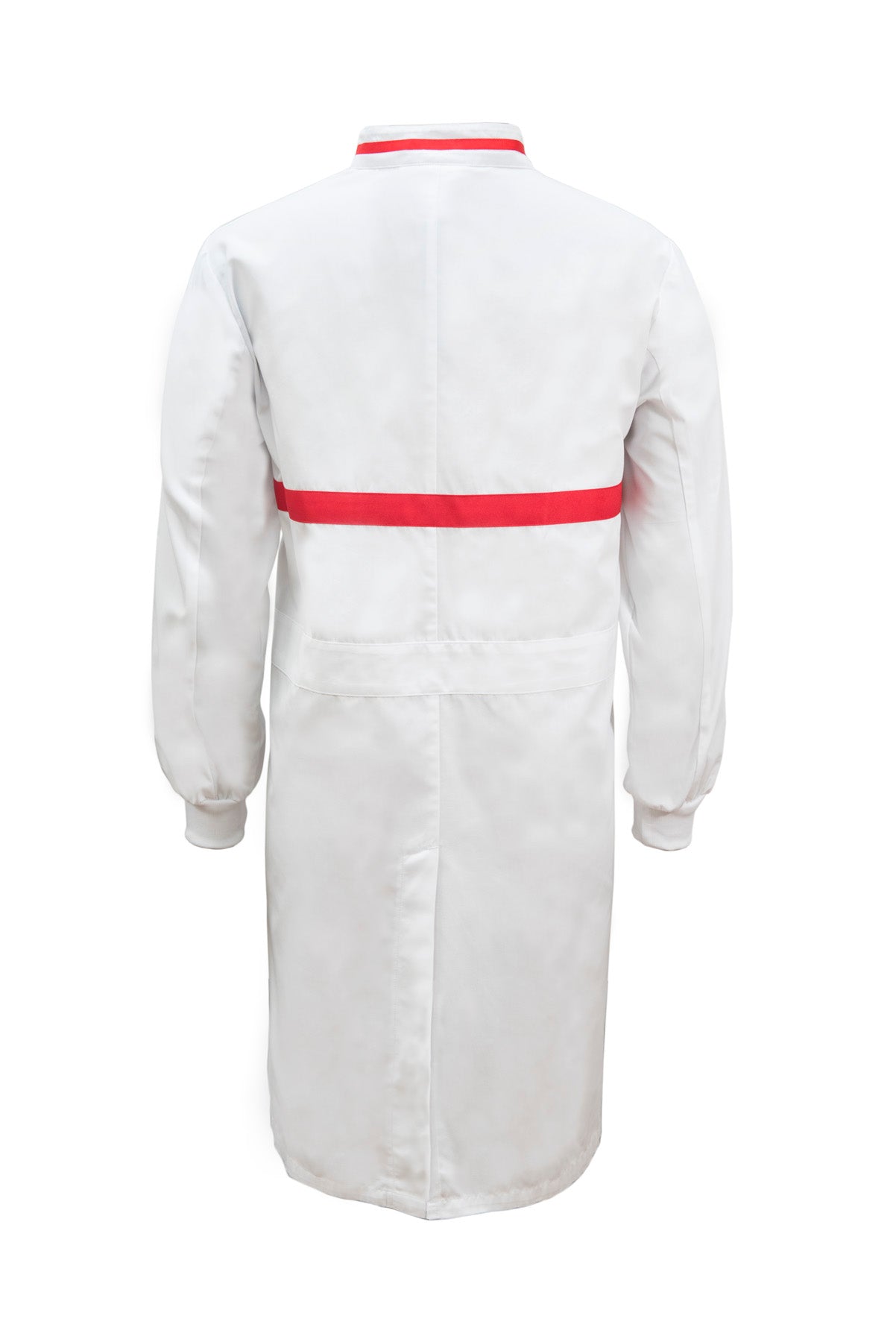 WJ3197-FOOD INDUSTRY LONG LENGTH DUSTCOAT WITH MANDARIN COLLAR, CONTRAST TRIMS ON COLLAR AND CHEST, LONG SLEEVE  WITH CUFF