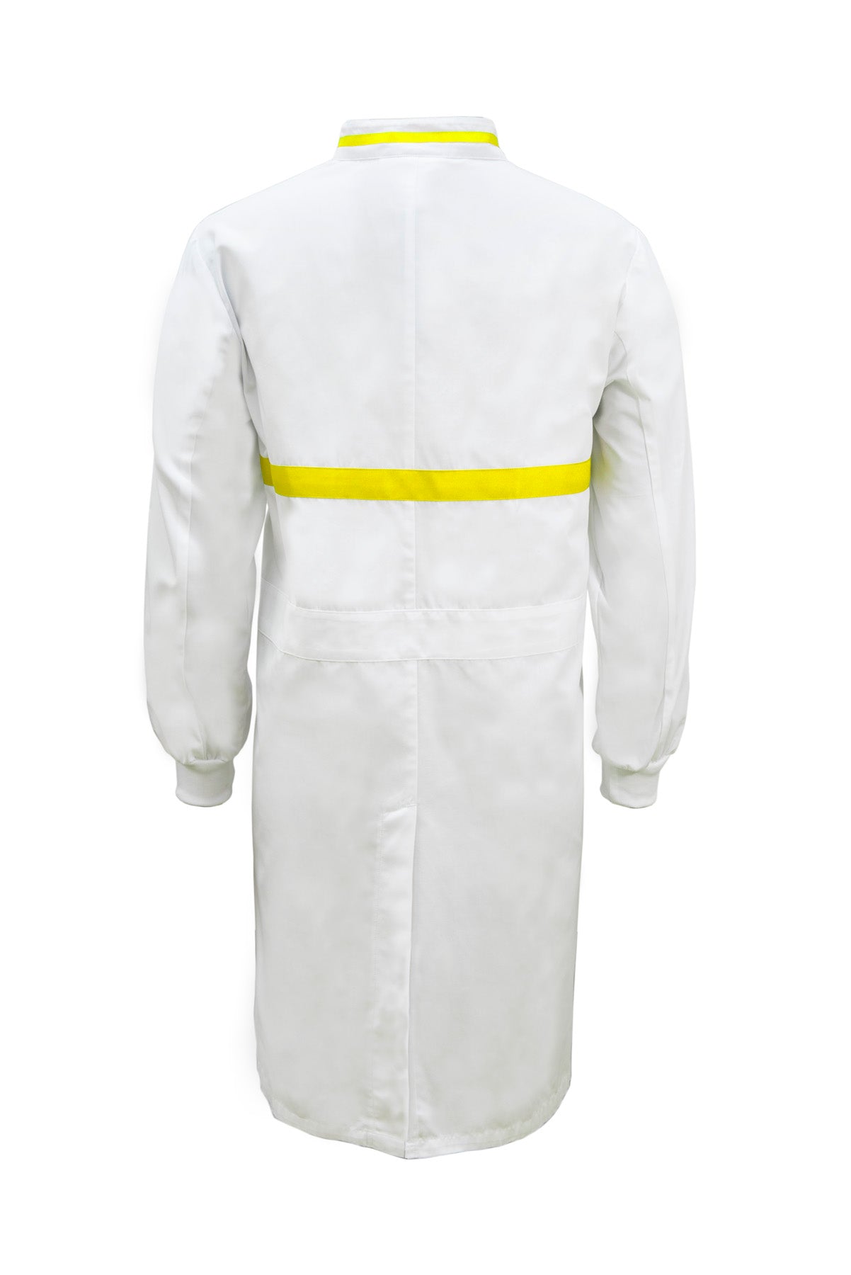 WJ3197-FOOD INDUSTRY LONG LENGTH DUSTCOAT WITH MANDARIN COLLAR, CONTRAST TRIMS ON COLLAR AND CHEST, LONG SLEEVE  WITH CUFF