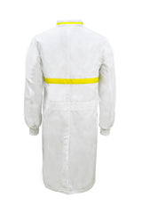 WJ3197-FOOD INDUSTRY LONG LENGTH DUSTCOAT WITH MANDARIN COLLAR, CONTRAST TRIMS ON COLLAR AND CHEST, LONG SLEEVE  WITH CUFF