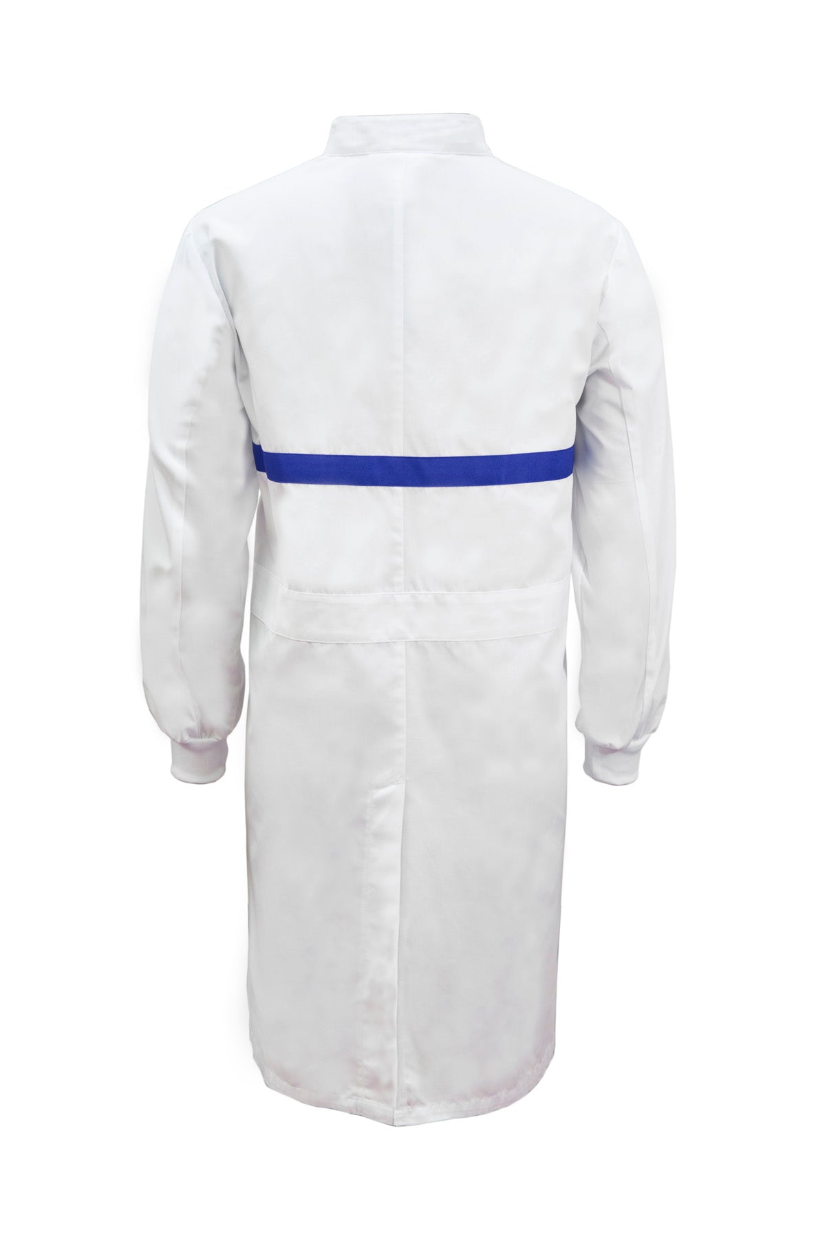 WJ3198-Food Industry Long Length Dustcoat With Mandarin Collar, Contrast Trims On Chest