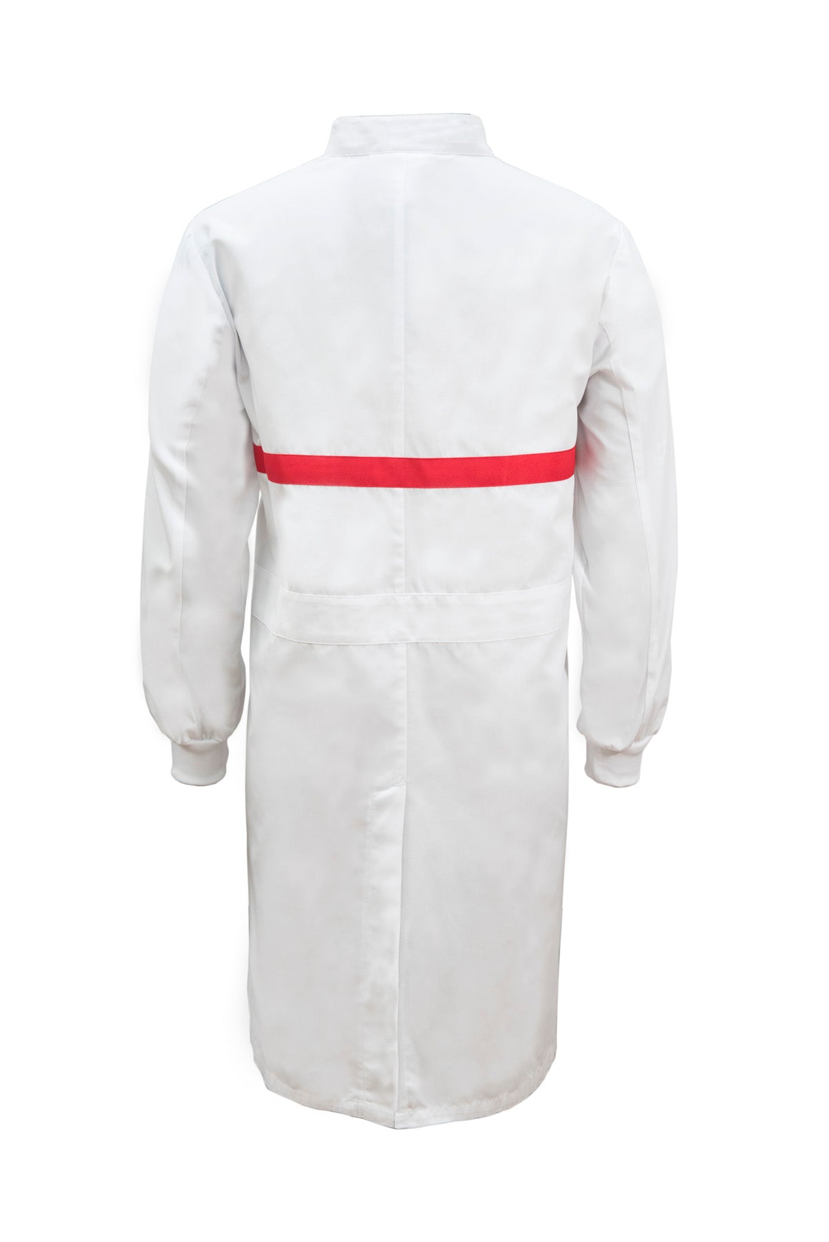 WJ3198-Food Industry Long Length Dustcoat With Mandarin Collar, Contrast Trims On Chest