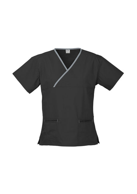 H10722-Ladies Contrast Crossover Scrubs Top